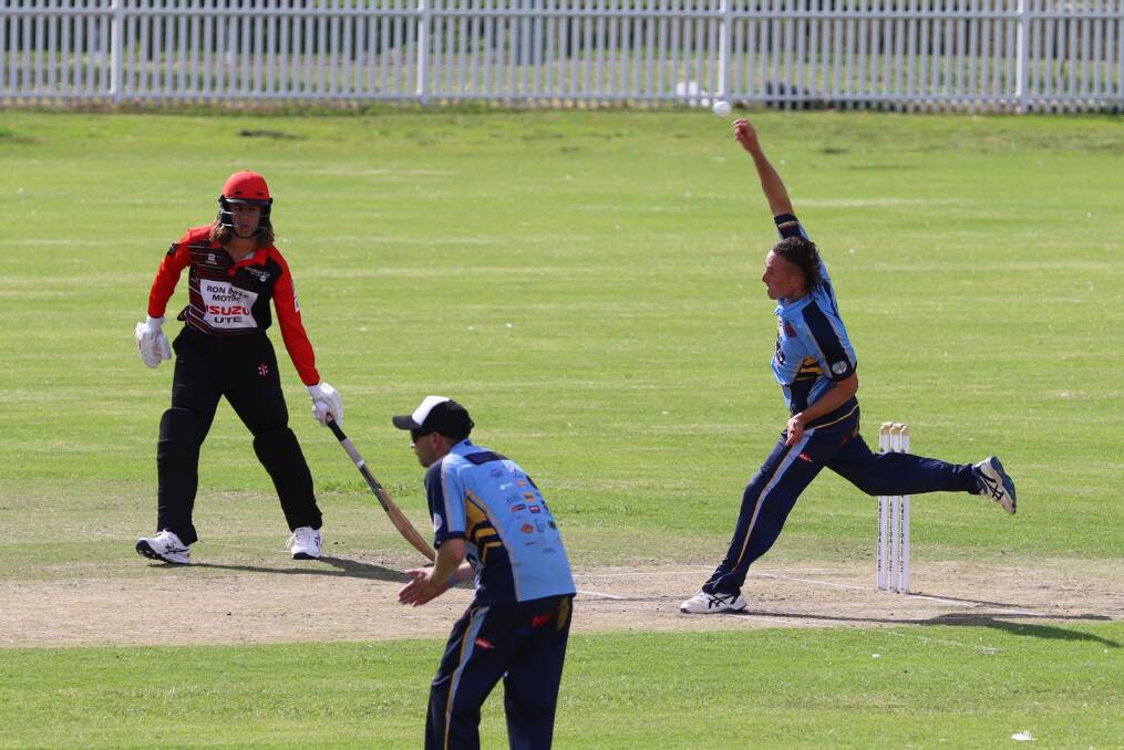 Riley Wilcox fires a ball down the pitch before the grand final was halted, securing three early wickets on Saturday. 