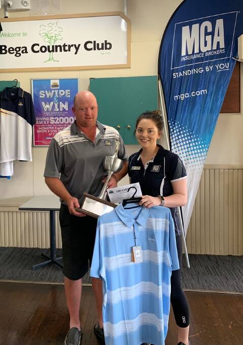 Sam Northey congratulates Bega men's golf Open winner Ross Oldham after two consistent rounds led him to the title on the weekend. 