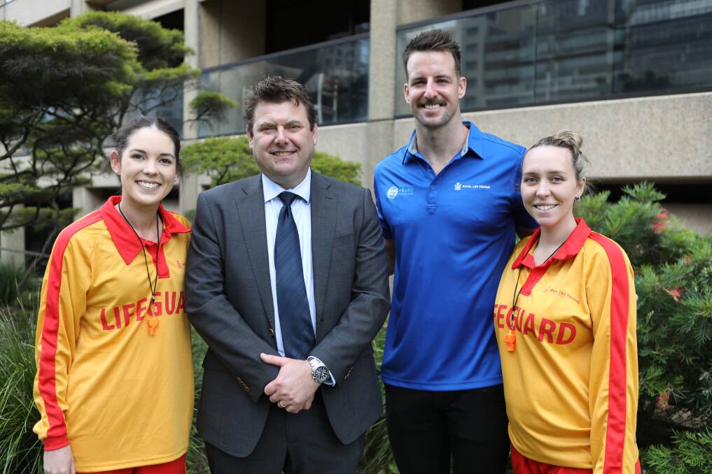 Water safety: Lifeguards Nikki and Louise with Michael Ilinsky and ambassador James Magnussen are promoting water safety. Picture: Royal Life Saving Australia.