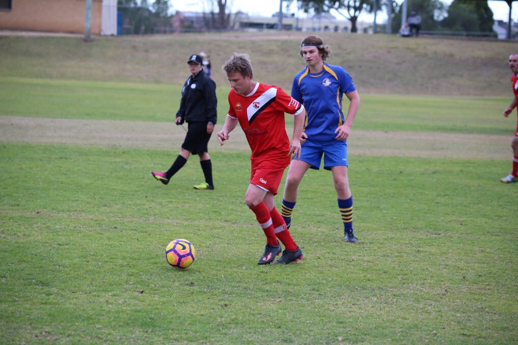 Midfielder:Jorden Stafford works the ball through the middle during the Alan Mitchell Cup against Bemboka recently.
