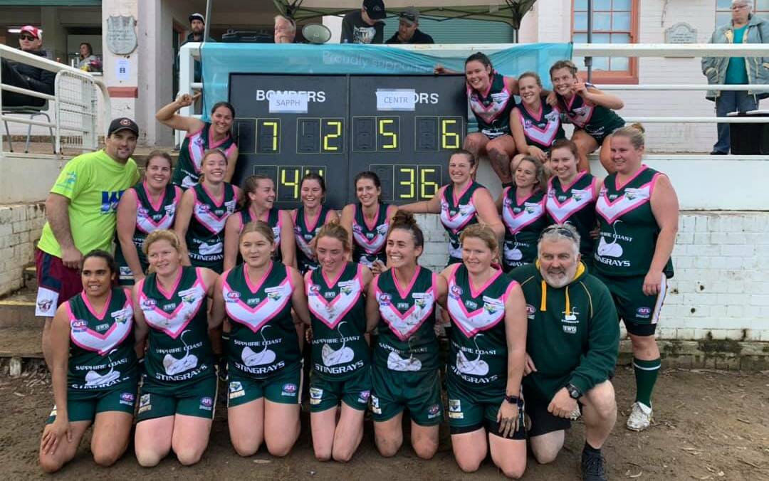Winners: The Sapphire Coast Stingrays celebrate a win over the Central West in the women's game during the rep weekend carnival. PIcture: Facebook. 