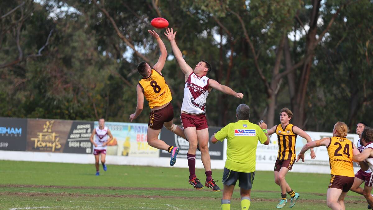 Rick Spink pictured in a ruck contest with central clearances to be pivotal for Tathra against the Lions this Saturday. 