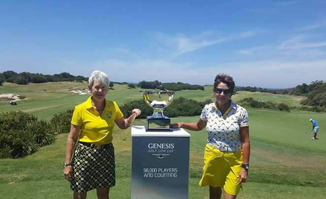 Eyes on the prize: Maggie Hayes and Lynn Ponsford with the Genesis Cup where Hayes finished fourth in the A grade contest in the final.  