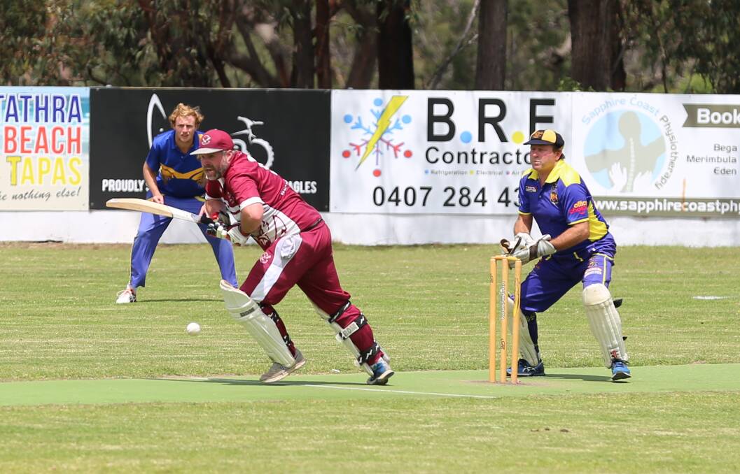 Century man: Pete Bennett calls to run after a clever chip finds a gap in the Bega-Angledale fielders at Lawrence Park on Saturday. 