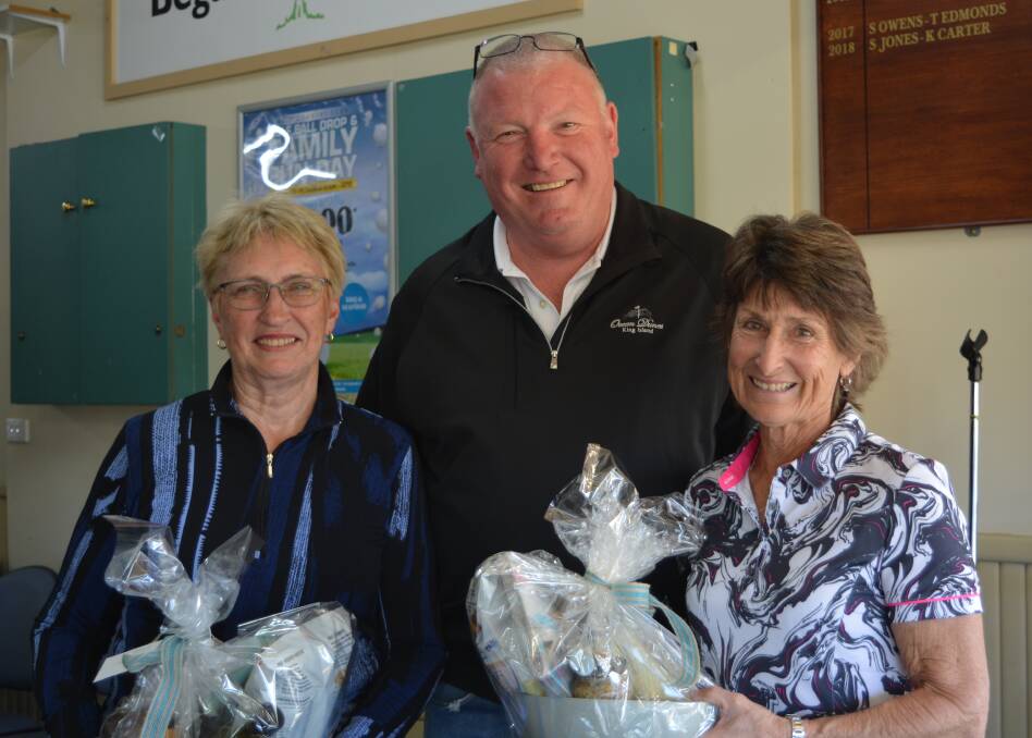 Congratulations: Event sponsor Simon Owens congratulates the Bega Open four-ball winners Sue Taylor and Wendy Hergenhan - Wendy is also the 2018 champion. 
