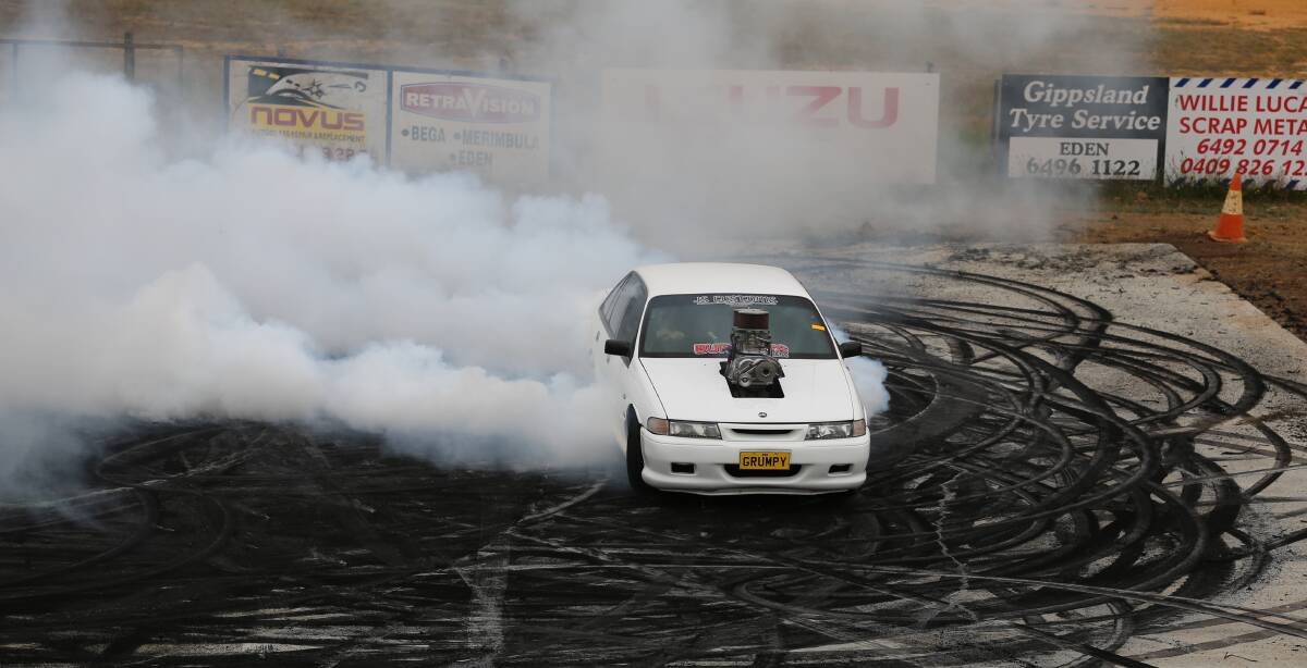 Regular sapphire visitor 'Grumpy' emerges from a cloud of tyre smoke as part of the Sapphire Smokeout on Saturday. 