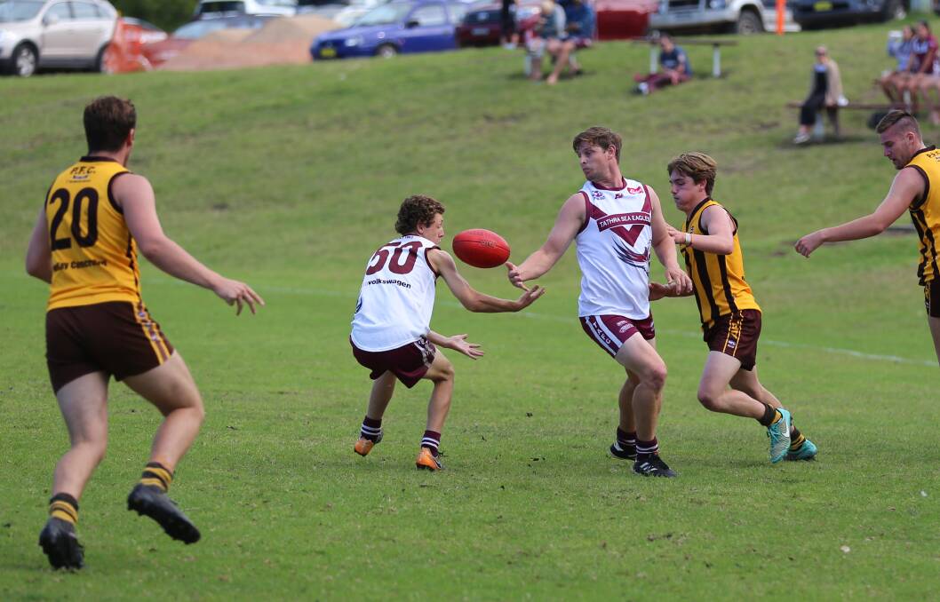 Dean Gartside spins on a loose ball during Tathra's opening round against Pambula with the forward one of the Eagles' critical attackers. 