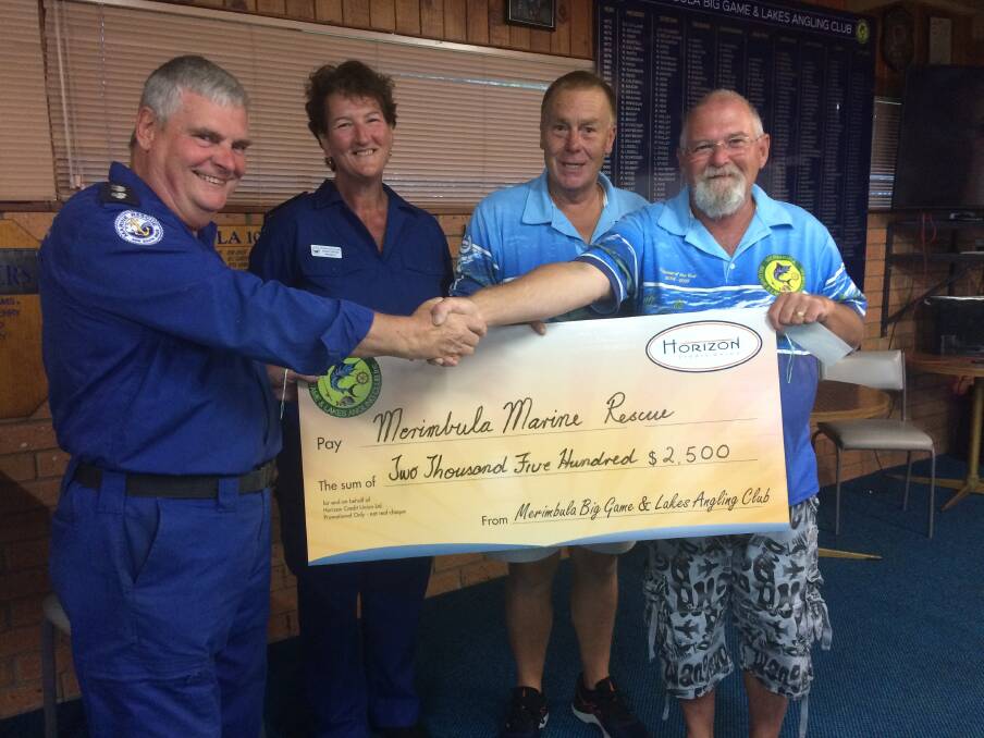Marine Rescue boost: Marine Rescue Merimbula commander Bill Blakeman and Sonia Teston accept a $2500 cheque from Tim McConnachie and Lindon Thompson of MBGALAC. 