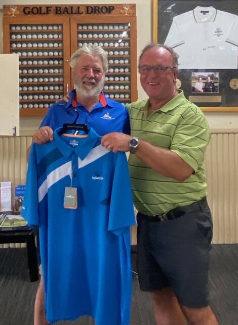 Bega men's golf medal sponsor Rob Whitford congratulates Terry Allen on his great round.