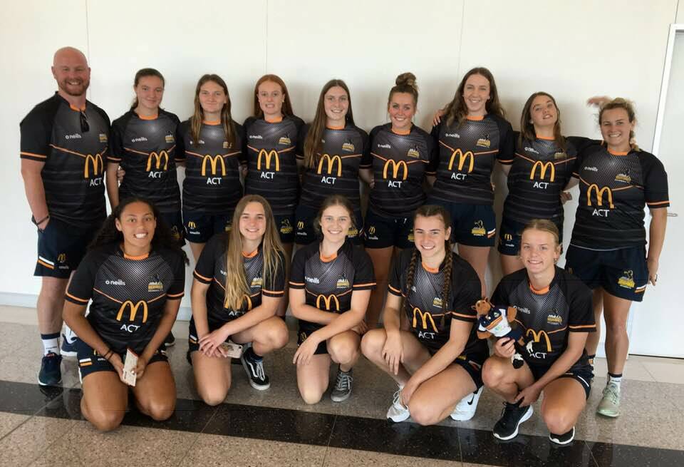 Go girls: The ACT Brumbies Youth Nationals girls team at Canberra Airport ready to take on the national stage in Brisbane on Thursday. Picture: Brumbies. 
