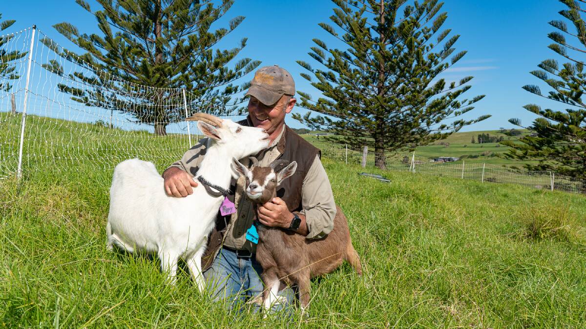 Adam Warmsley with a couple of his goats at Buena Vista farm in Gerringong.
