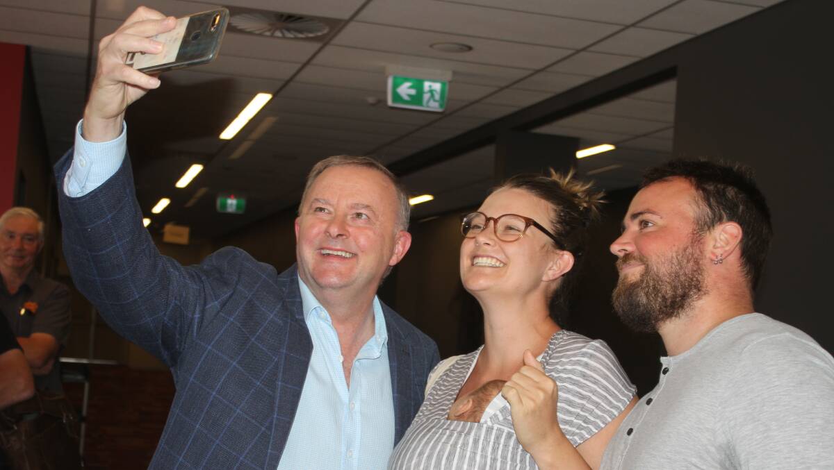 Labor leader Anthony Albanese takes a "selfie" after Tuesday's roundtable in Bega. Picture: Alasdair McDonald