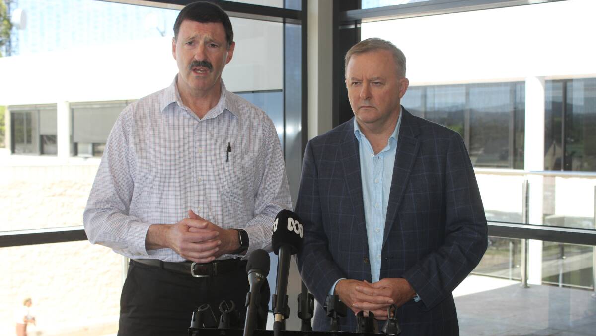 Labor leader Anthony Albanese and Eden-Monaro MP Mike Kelly in Bega on Tuesday. Picture: Alasdair McDonald