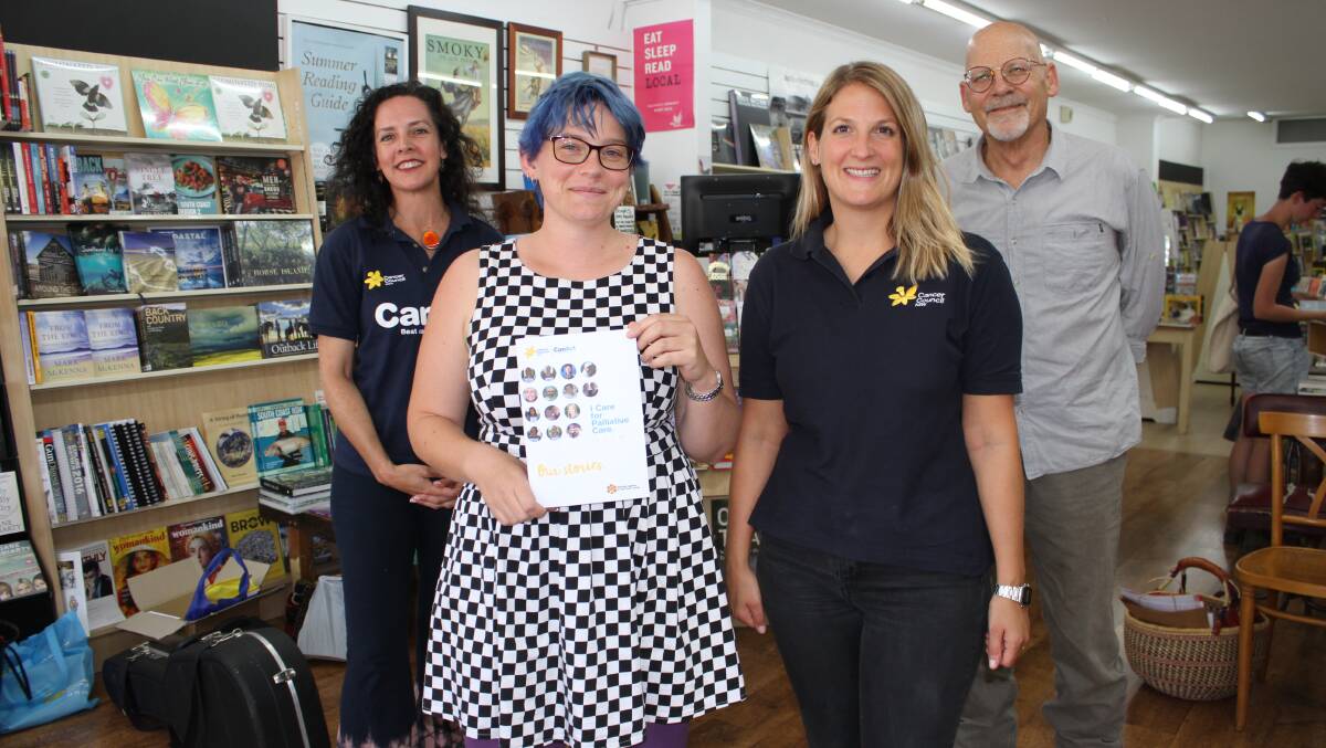LAUNCHED: Cancer Council volunteer Debra Summer, guest speaker Rose Liddall, Cancer Council's community engagement coordinator Kate Brett and musician Michael Menager at the campaign launch inside Bega's Candelo Books last week. Picture: Alasdair McDonald