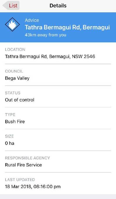 A screenshot of a false fire on the RFS Fires Near Me app in March. Minister Troy Grant said the final report will put forward a number of suggested procedural improvements.