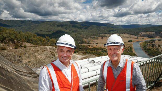 Then prime minister Malcolm Turnbull with Snowy Hydro chief Paul Broad at Talbingo in 2017 after the Snowy Hydro 2.0 announcement. Photo: Alex Ellinghausen