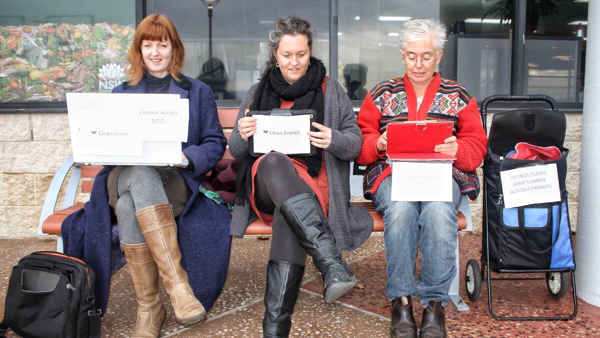 WORK-IN: Climate activist Mica Lynnah said. She was joined by Julie Morandini and Vivian Harris before Wednesday's Bega Valley Shire Council meeting. Picture: Alasdair McDonald