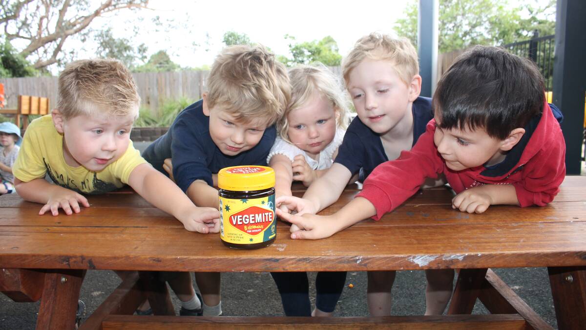 YUM: Lachlan, Eli, Poppy, Tadhg and Heath at Bega's Sunny Kids Early Learning Centre after news Bega Cheese had bought Vegemite on Thursday. Picture: Alasdair McDonald