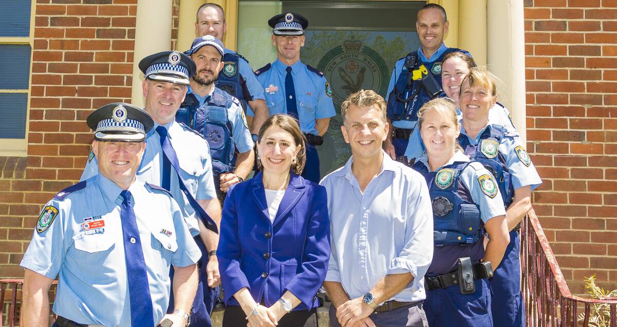 COP SHOP: NSW Premier Gladys Berejiklian with Bega MP Andrew Constance and local police officers set to benefit from a new Bega Police Station. 