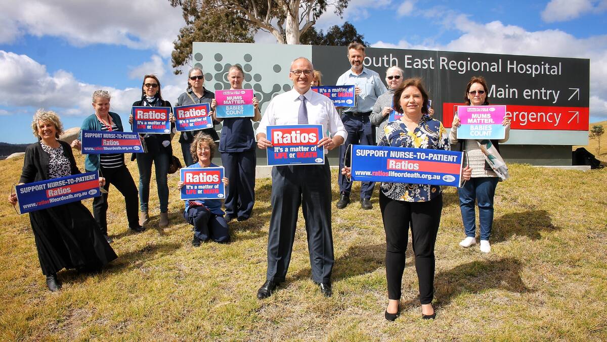 State opposition leader Luke Foley and Labor's Bega candidate Leanne Atkinson with NSW Nurses and Midwives' Association Bega branch members at the South East Regional Hospital on Wednesday. Picture: Alasdair McDonald