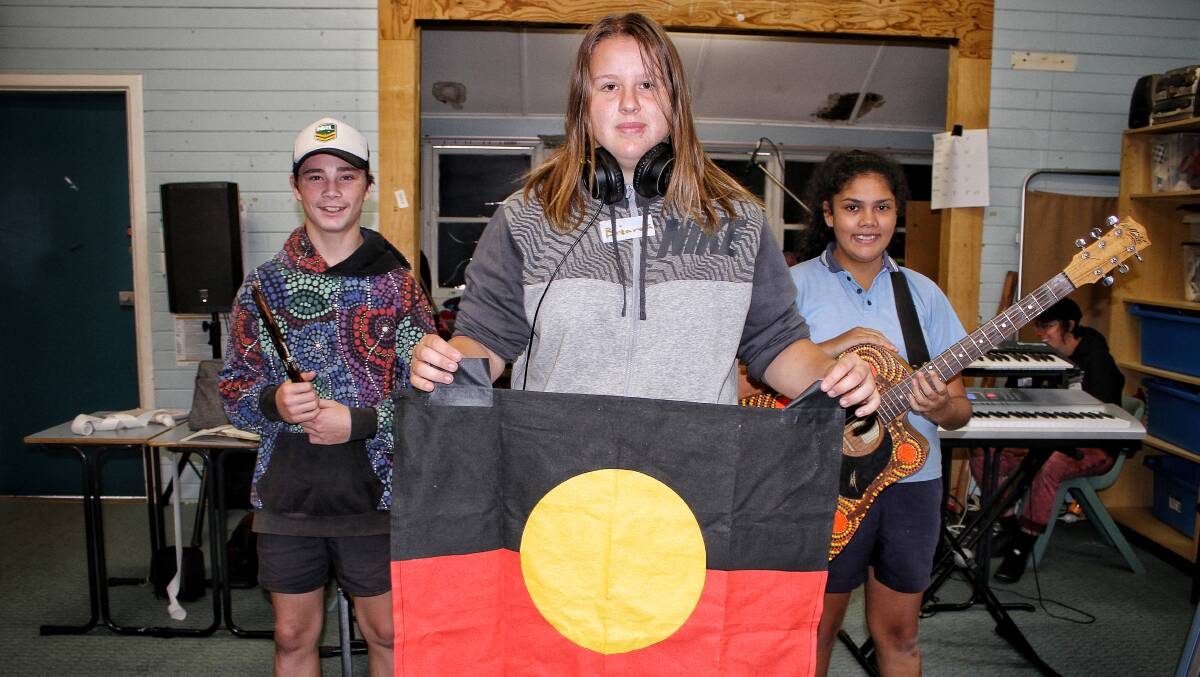 TALENT: Bega High School students Joven Pittman, Macy Canavan and Tayla Green-Aldridge after their recording session with Grow the Music program director Lizzy Rutten. Picture: Alasdair McDonald