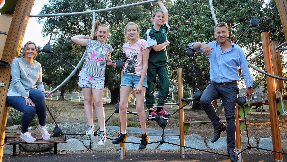 Kirsty Umbers, Bridie Umbers, Mia Sheather, Sarah Underhill and Bega MP Andrew Constance in Bega Park on Friday.