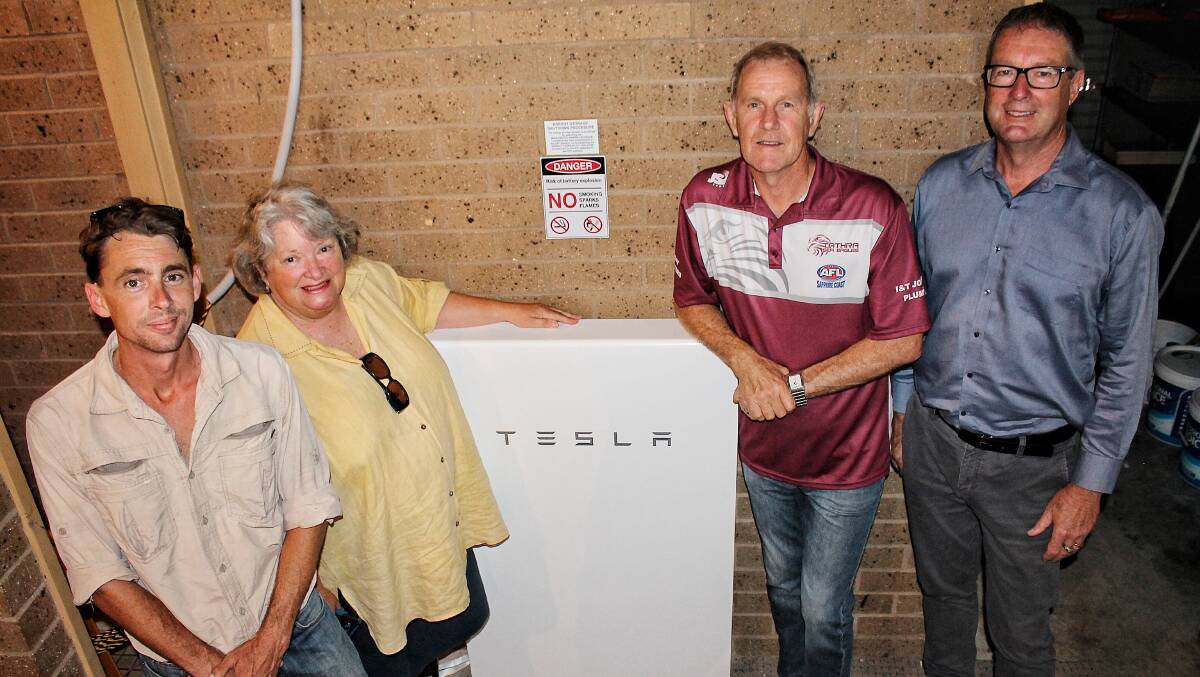 NEW GROUND: Sunny Afternoons' Scott Harrington with Clean Energy for Eternity's Prue Kelly and Tathra Sea Eagles Football Club's Dave Howard and Greg Coman. Picture: Alasdair McDonald