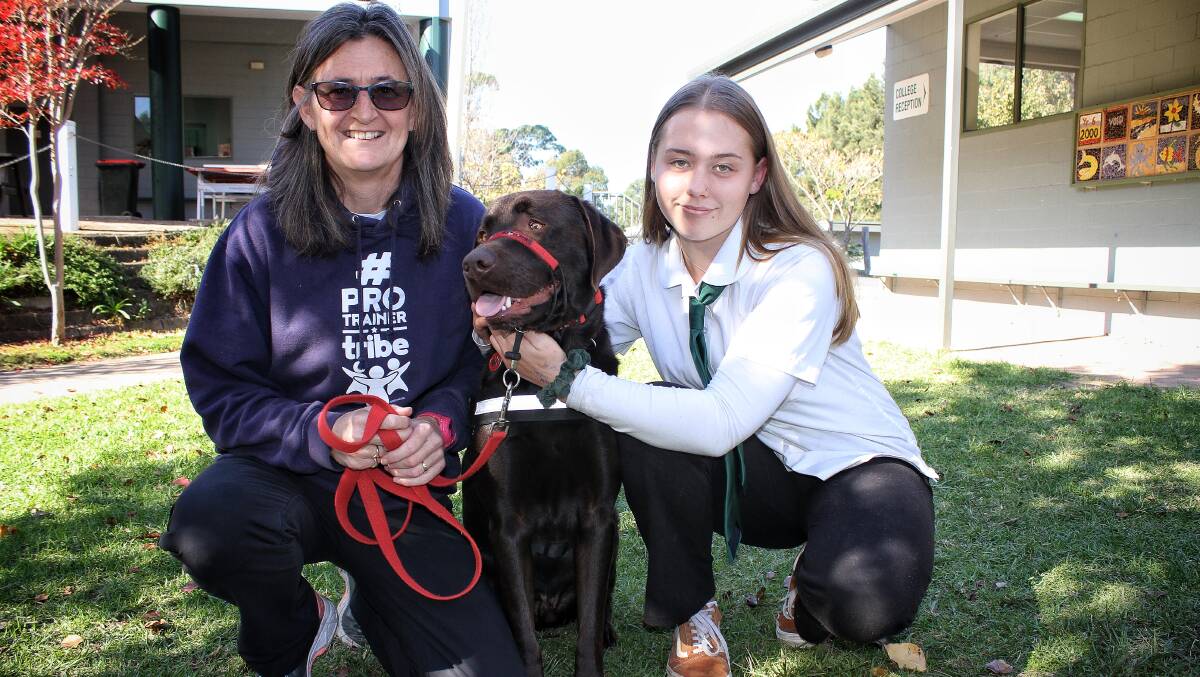 THERAPY: Little Victories Dog Training's Vicki Dey with Year 11 student Madison Pearson and therapy dog Banjo on Wednesday. Picture: Alasdair McDonald