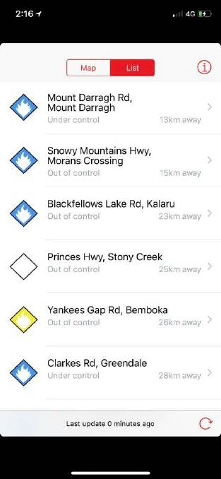 A screenshot of reports of smoke from the Bemboka area fire appearing on the NSW RFS Fires Near Me App. 
