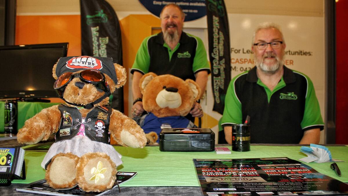 ENGINES READY: The Bega Valley Motorcycle Expo's Glenn Cotter and George Parker in Bega's Sapphire Marketplace on Thursday. Picture: Alasdair McDonald