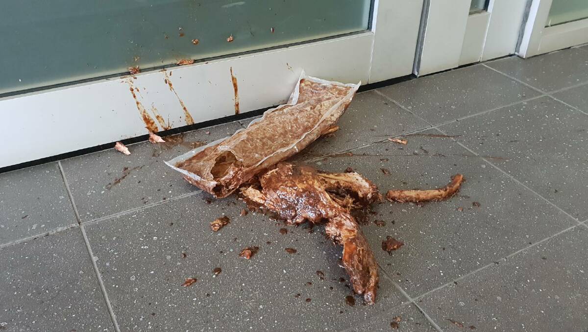 Pork pieces thrown at Dr Kelly's electorate office in Queanbeyan last year. Picture: Supplied