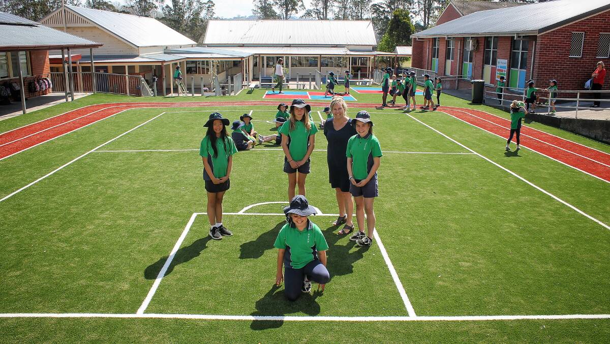 Bega Valley Public School principal Carolyn Nugent with pupils Sienna, Macy, Laura and Skyla on Tuesday. Picture: Alasdair McDonald
