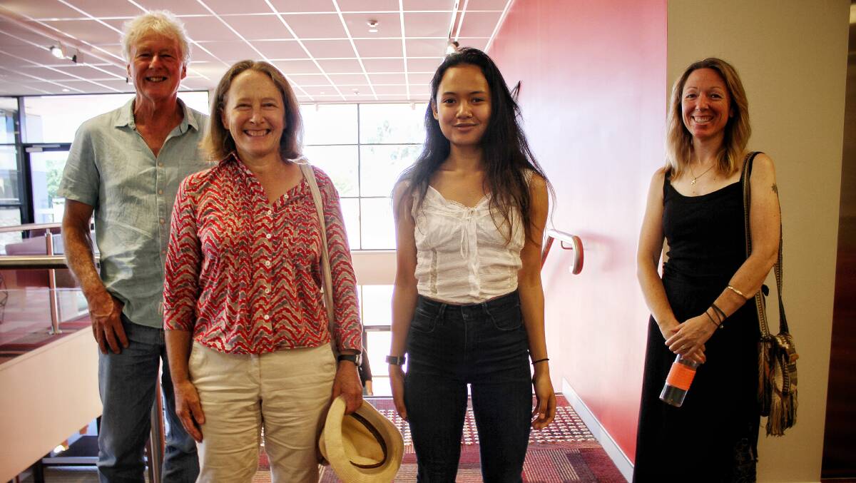 FUNHOUSE SUPPORT: Bega's Colin Wood and Caroline Begg with Funhouse Studio intern Cellestine Janiola and Tura Beach's Kirsty Faulkner outside council chambers on Wednesday. Picture: Alasdair McDonald
