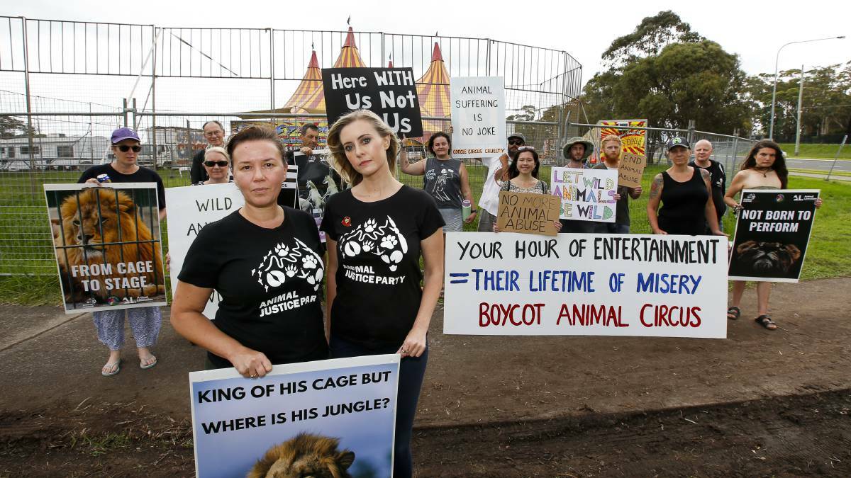 Animal Justice Party led protesters Julie Power and MP Emma Hurst outside the Stardust Circus in Shellharbour. Picture: Anna Warr