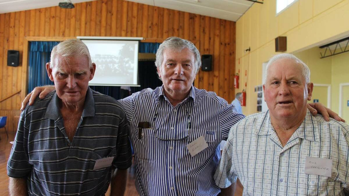 Dave Wilton (left) catches up with Allan Slater and Mick Carpenter at the Bemboka rugby league reunion in 2013.