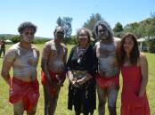 Writer and director of Mother Mountain movie Celina Stang, right, aunty Vivienne Mason centre with dancers Nicholas Hoskins, Warren Foster and Warren Foster junior at the smoking ceremony prior to the start of filming.