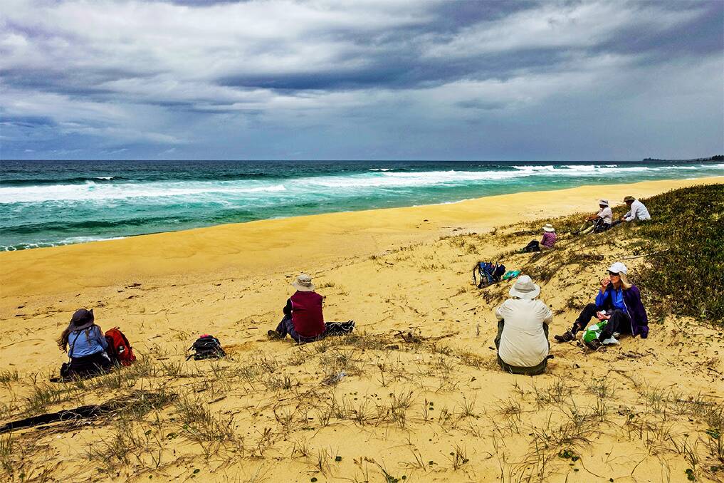 Narooma Dalmeny bushwalkers eat lunch on Bingie Beach on their 11km Bingie Dreaming Track bushwalk recently.