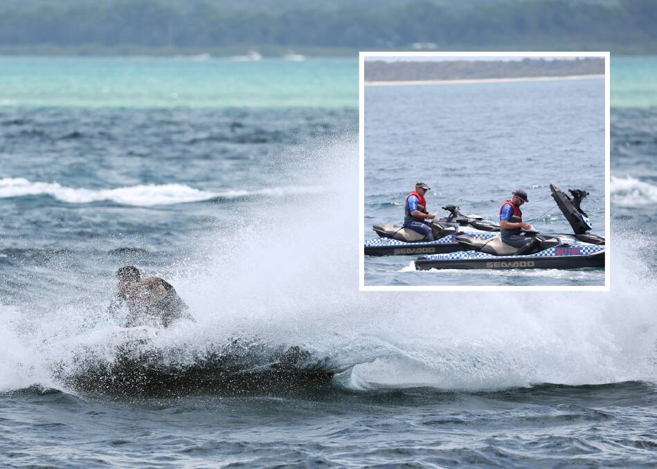 A jet ski rider at Nelson Bay kicks up spray, and inset, Marine Area Command police patrol the water on January 29. Pictures by Peter Lorimer