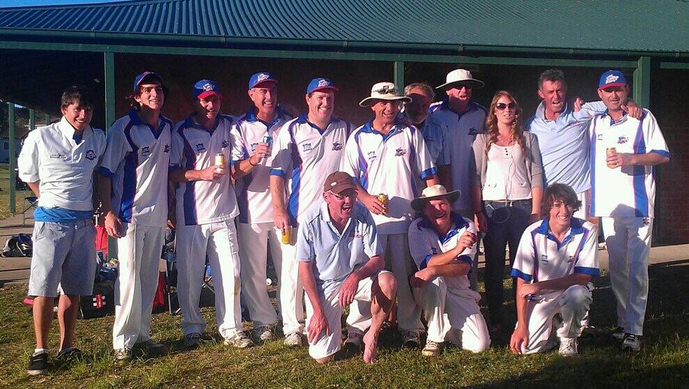 Aaron Dalley (front row, left) with team-mates from Dora Creek Workers Cricket Club. Mr Dalley is a life member of the club. Picture: Supplied