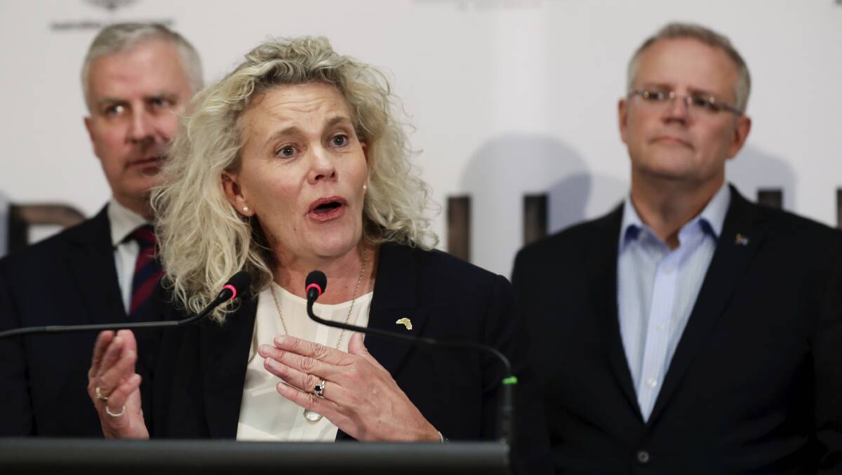 Ag should not pay for climate target programs, says Nationals leader Michael McCormack, at left, with NFF president Fiona Simson and Prime Minister Scott Morrison.
