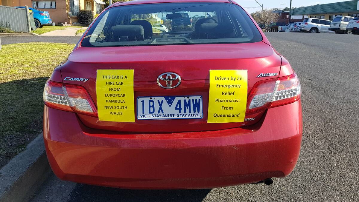 Signage on a hire car in Eden, demonstrating the apprehension drivers with Victorian plates have about potentially negative reception from south coast residents . Picture: Anderson Cranes.
