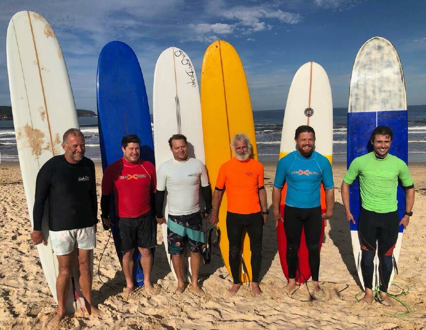 2021 Malibu surfing comp finalists (from left) Phil Coates (3rd place), Ray Lawrence (2nd), Christian Pimm(1st), Dave Prowse(5th), Clancy Mills(4th), Danny Jones(6th). Picture: Merimbula Sailboard Club. 