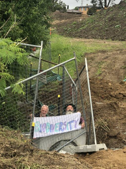 FoGW president Hugh Pitty and treasurer Patrick Barrie protest work taking place between Bega's flying fox habitat and the Littlewoods Estate construction site. Photo: Leah Szanto