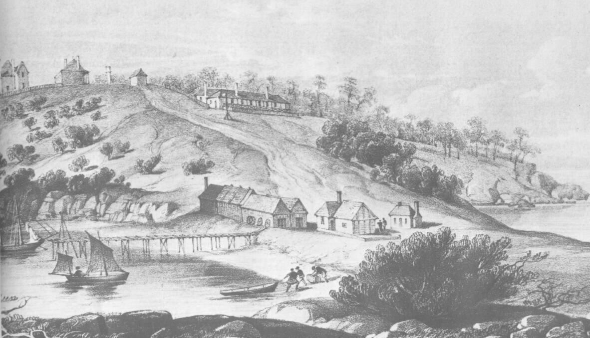 Lithograph by Elizabeth Hudspeth, 1855, showing the Shamrock Hotel to the right, courtesy of the Allport Library and Museum of Fine Arts, Tasmanian Archive and Heritage Office.