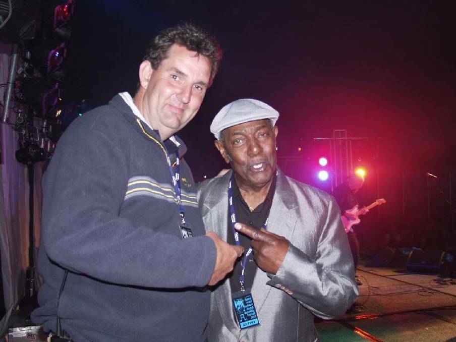 Neil Mumme and Johnnie Johnson at the 2003 Great Southern Blues and Rockabilly Festival. Photo: Jeanne Medlicott