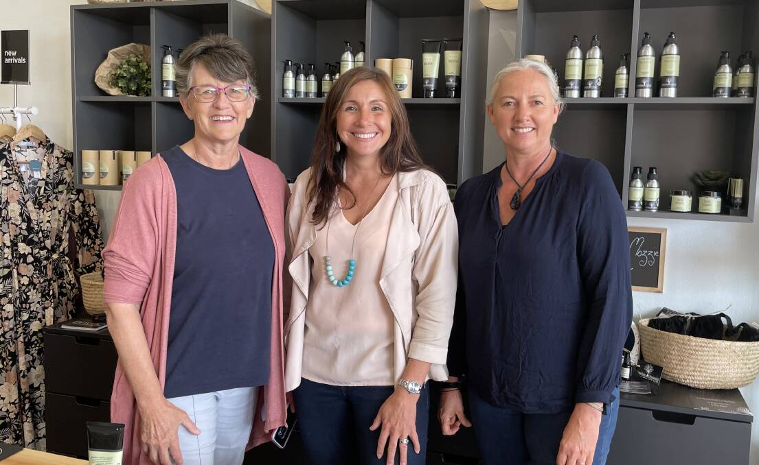 Julie Novotny of Local Business Connections, Mia Maze of Mazey Consulting and Kaye Saarinen of Saarinen Organics at The Essence in Merimbula. Photo supplied.