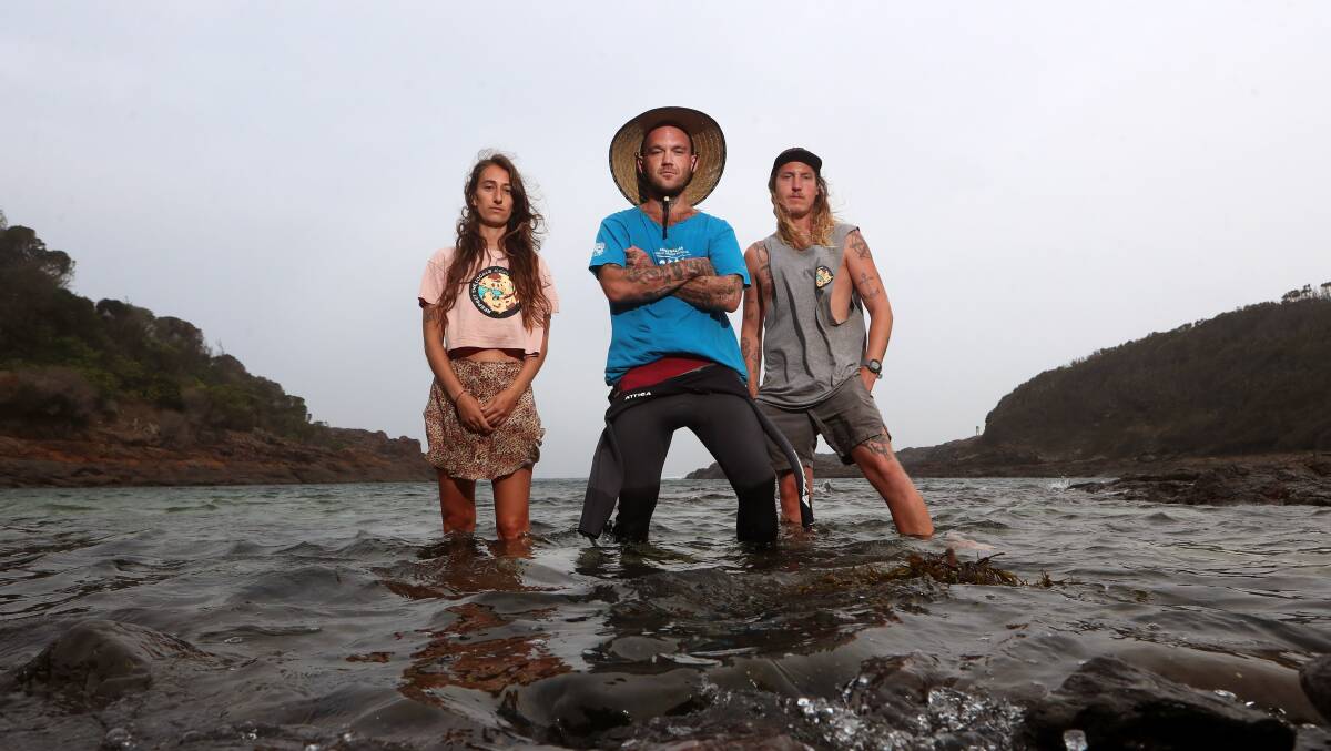 NOT HAPPY: Wollongong ecologist Jeremy Day (middle) with Woebegone Freedive duo Lara Hindmarsh and Dylan Boag are disappointed four sanctuary zones in the Batemans Marine Park have been scrapped. Picture: Sylvia Liber