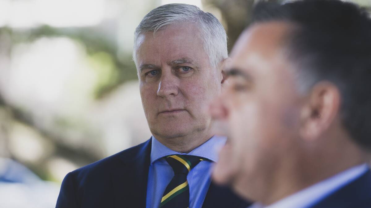 Deputy Prime Minister Michael McCormack listens to NSW Deputy Premier John Barilaro speak, a month after the pair allegedly clashed over Mr Barilaro's aborted tilt at the seat of Eden-Monaro. Picture: Dion Georgopoulos