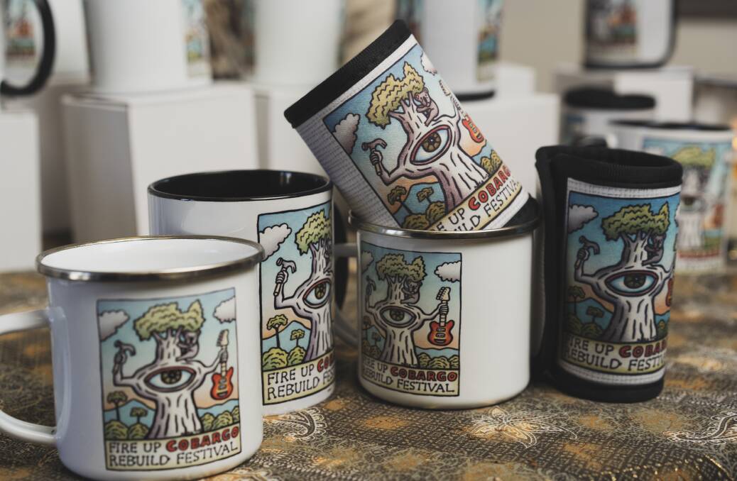 Merchandise for September's Fire Up Cobargo Relief Festival, with artwork donated by Reg Mombassa. Picture: Dion Georgopoulos 