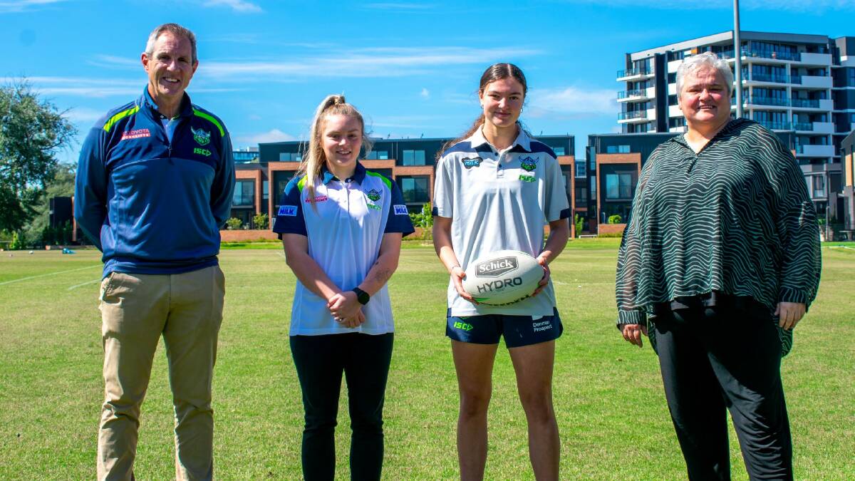 First steps: (from left) Raiders CEO Don Furner Jr, Yass Magpies and CRRL representative player Hollie Massey, Raiders youth representative player Makayla Morris, and rugby league legend Katrina Fanning spoke to the media recently regarding the club's bid for an NRLW license. Photo: Supplied.
